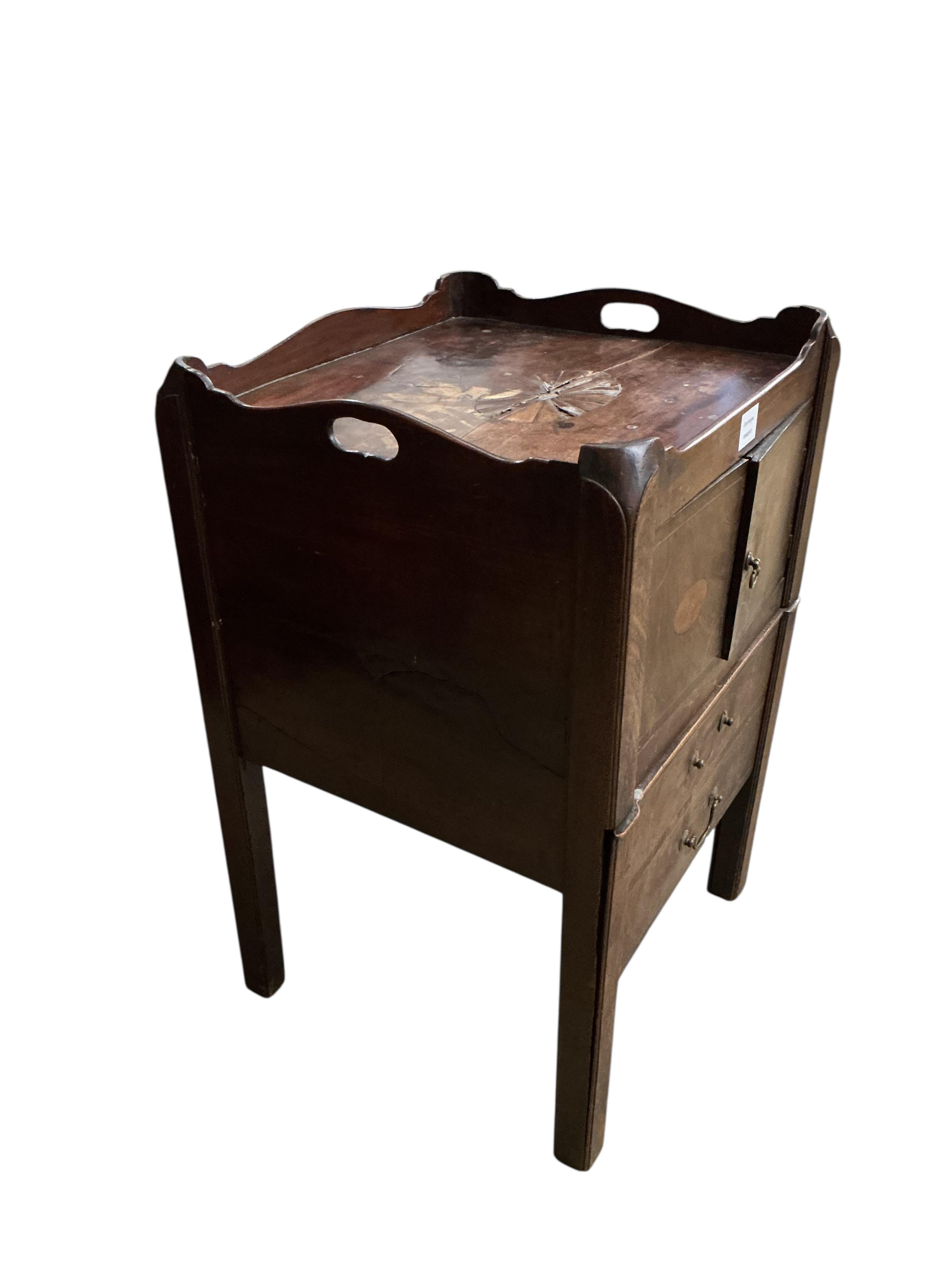 A George III inlaid mahogany tray top bedside cabinet, width 50cm, depth 46cm, height 77cm